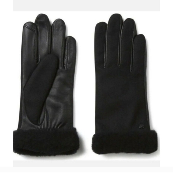 UGG Gloves Fur Cuff Wool Black Leather Fabric Shorty Glove Size Medium Black NWT - Picture 1 of 9